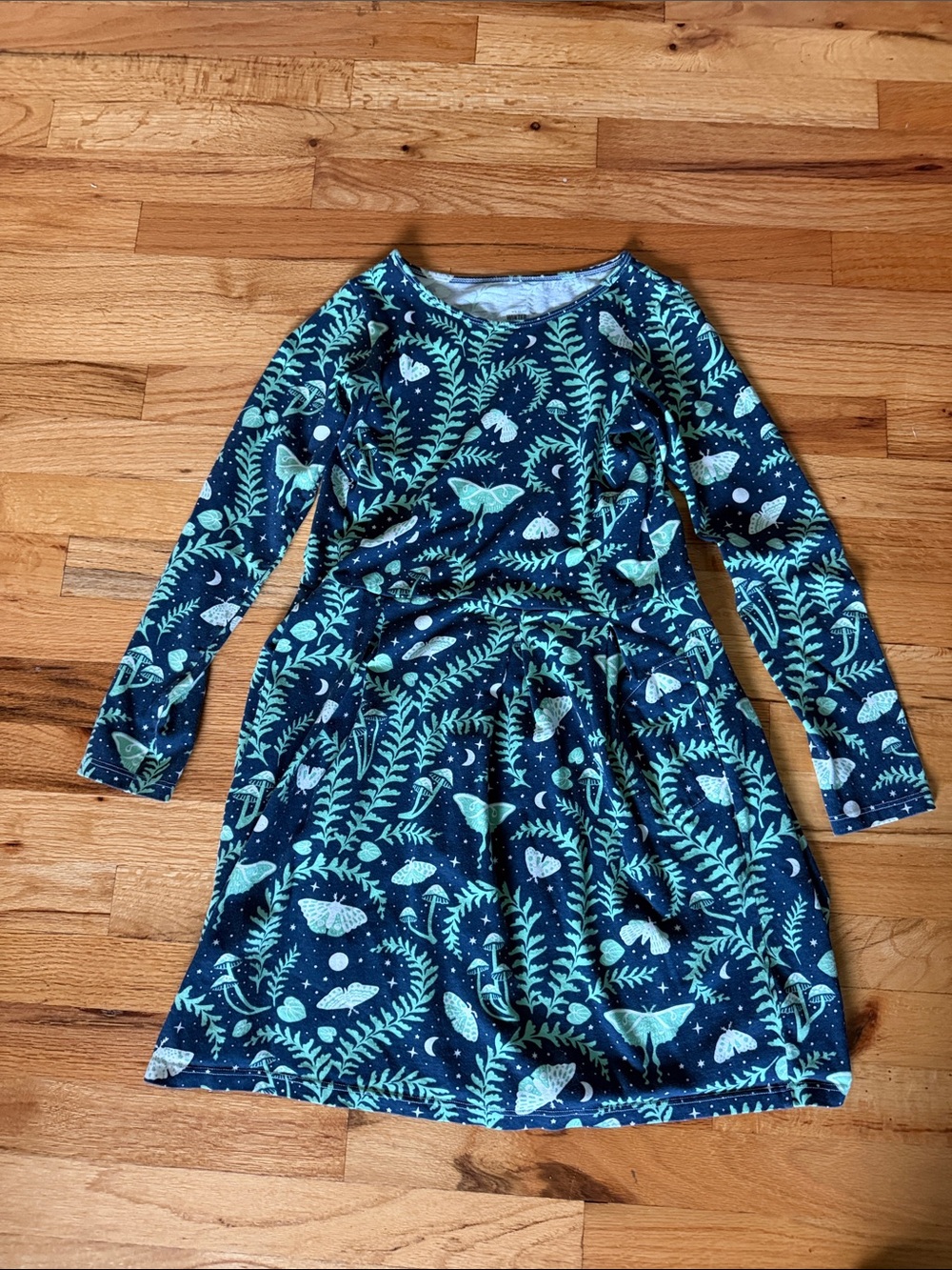 Girls' Navy Dress with Green Moth & Fern Print - Long Sleeve Casual